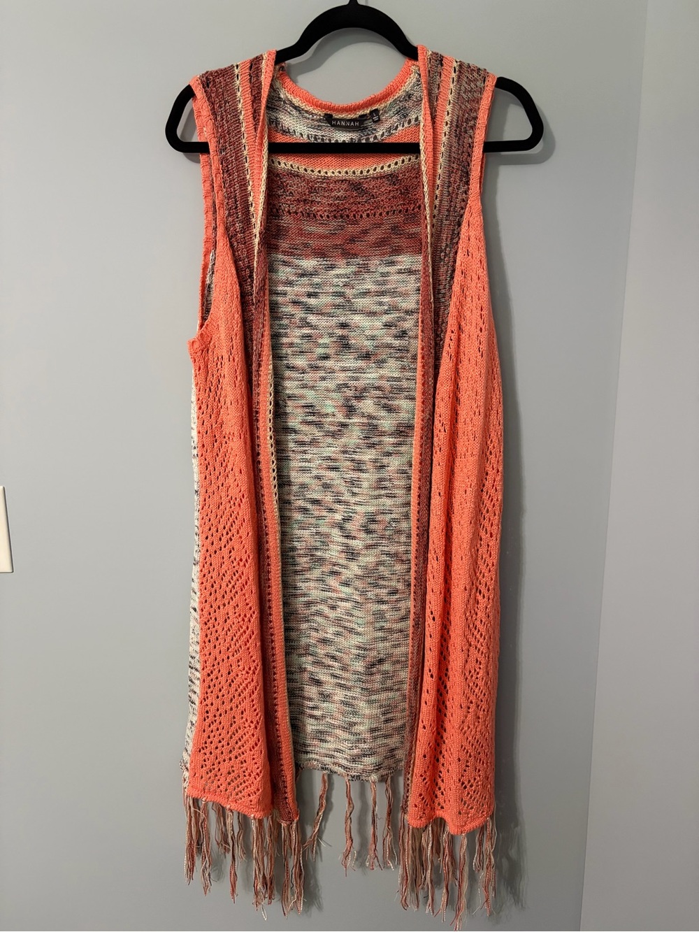 Coral Open Knit Fringe Duster Vest